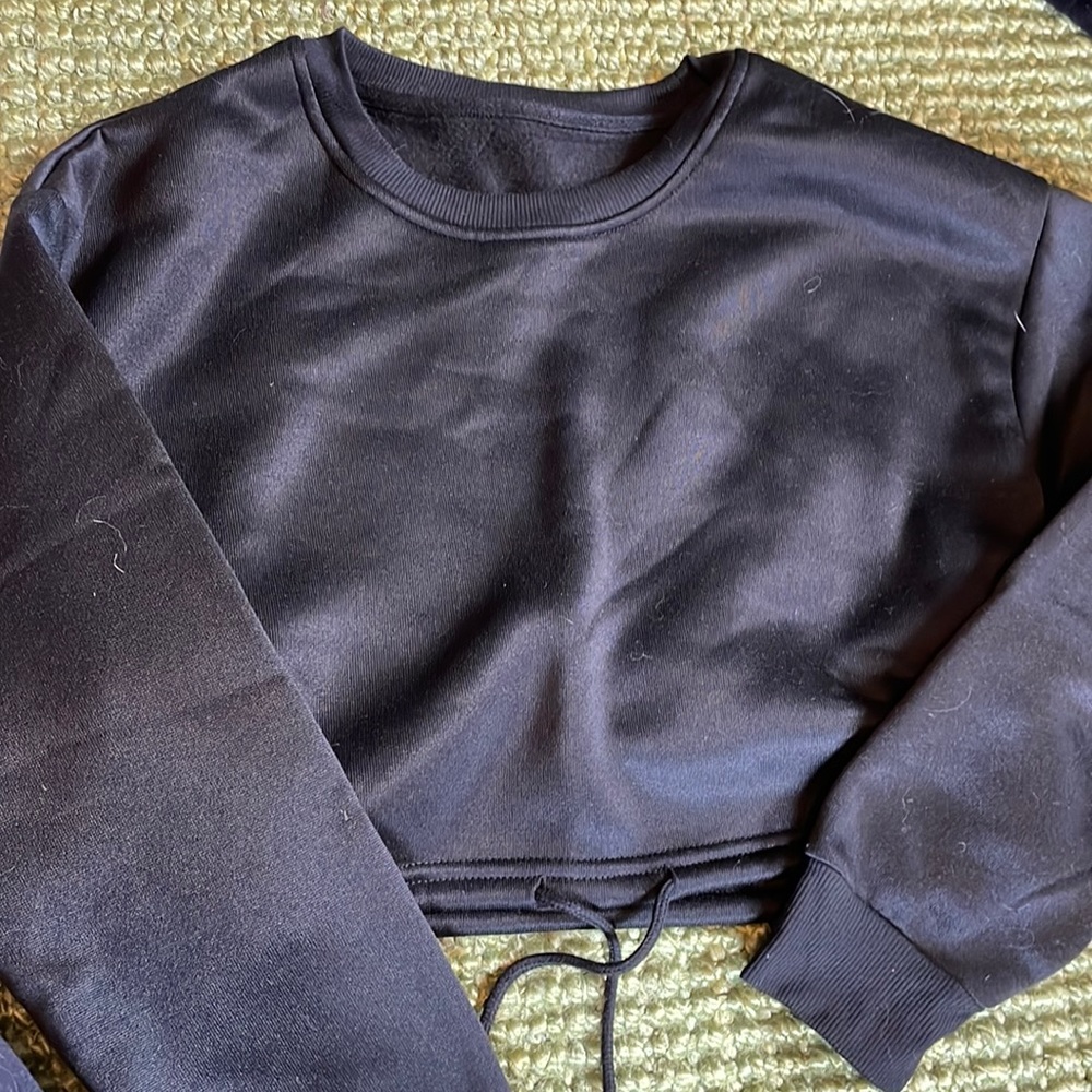 NEVER WORN BEFORE, black cropped sweater with drawstring tie!!